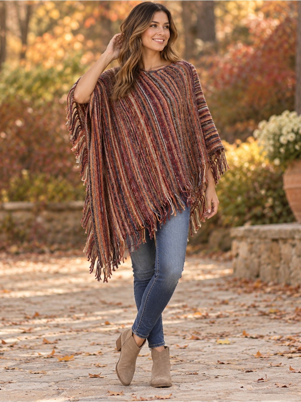 Botique Striped Knit Fringe Poncho in Rust, Burgundy & Mustard